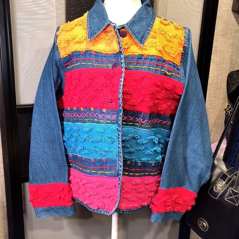 Don't Mess With Texas Large Blue Jean Embellished Jacket, EUC